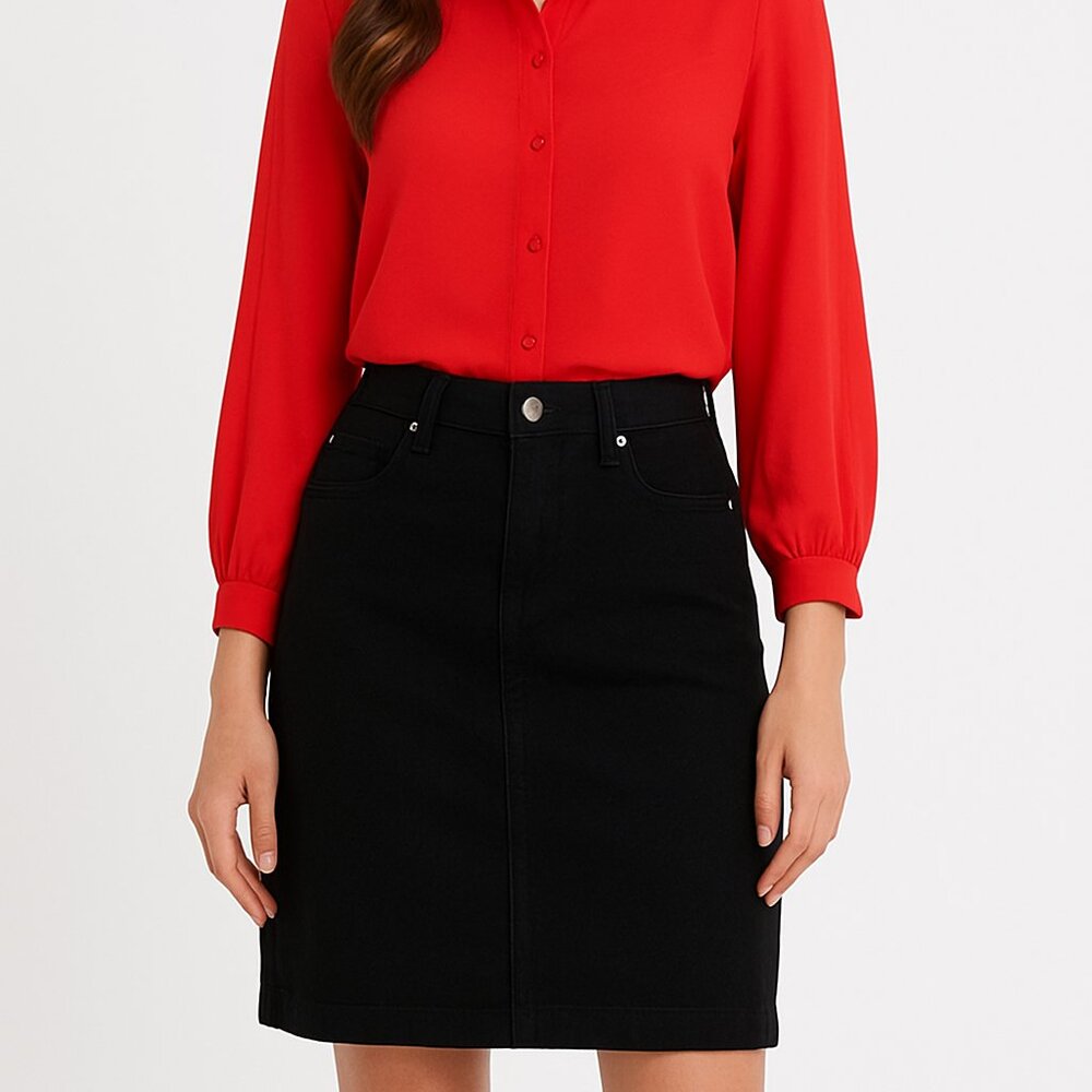 Simon Chang Stretch Black Midi Pencil Skirt Academia Career Size 14